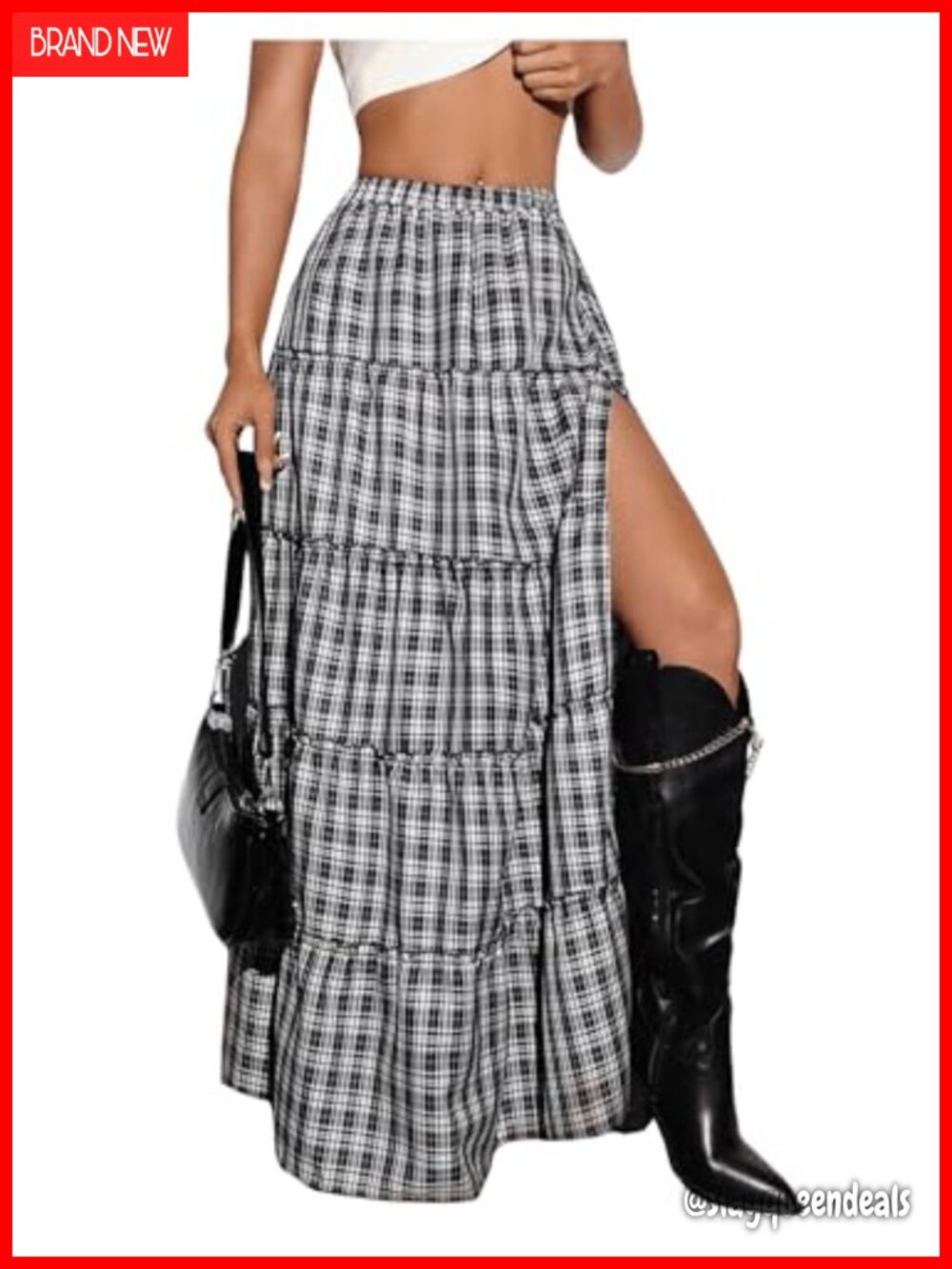 Women's Plaid Maxi Skirt High Slit A-Line Tiered Ruffle Y2K
